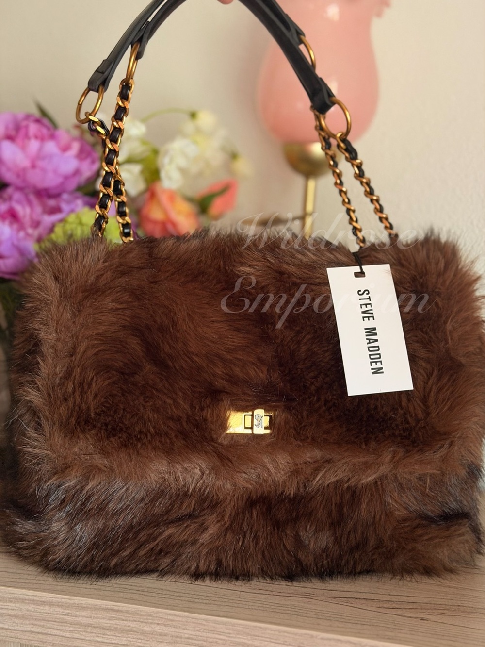 Steve Madden Bkolman Brown Faux Fur Luxe Satchel Shoulder Bag Chain Strap Viral